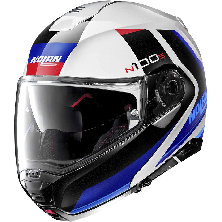 Casque Moto Modulable Homologation P / J Nolan N100.5 HILLTOP N-Com 049 Blanc Métal Bleu