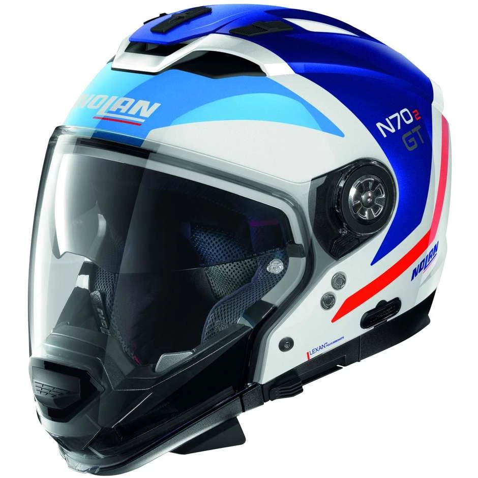 Nolan N70.2 GT GLARING N-Com 050 Crossover Casque Moto Blanc Bleu Rouge Brillant